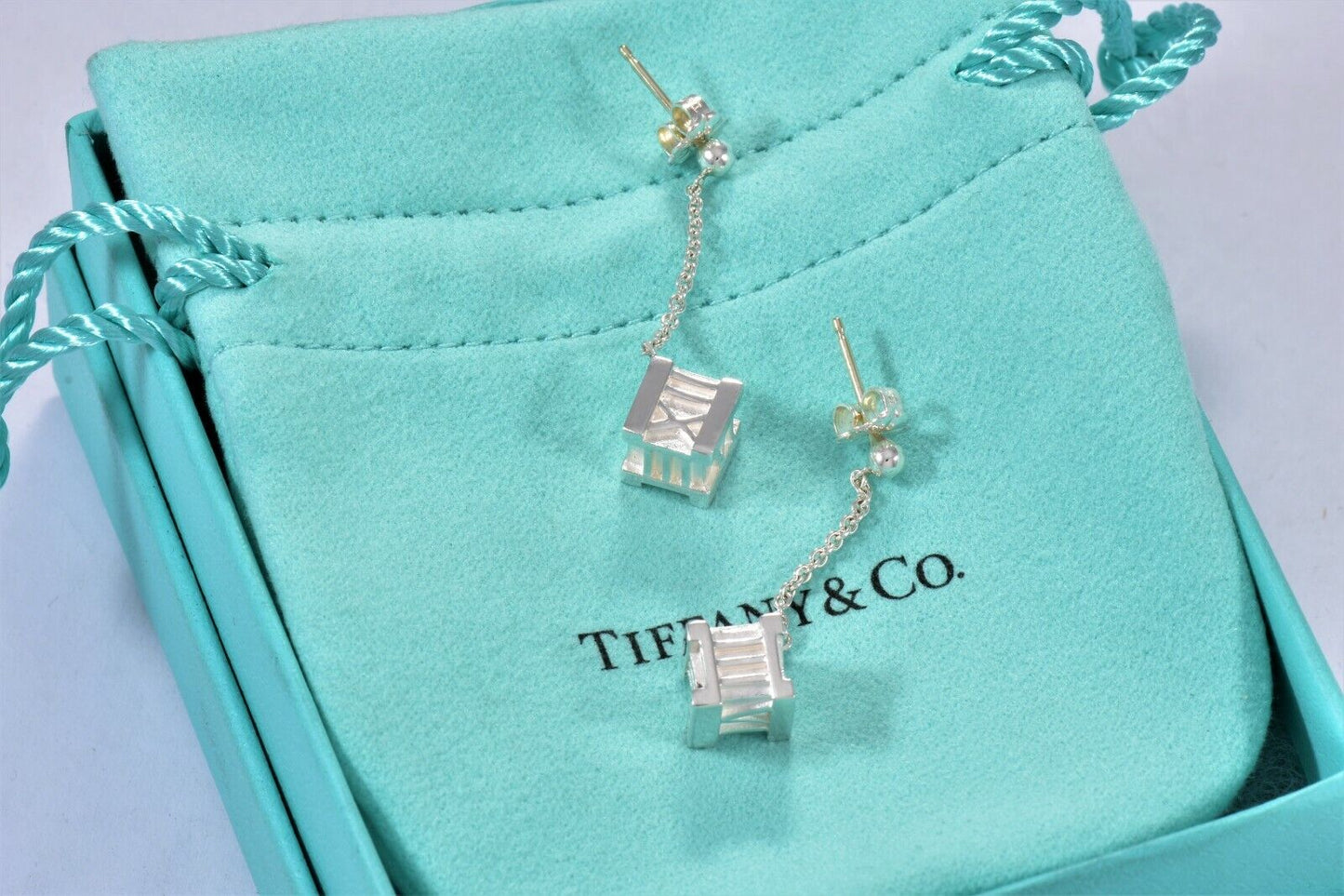 Tiffany & Co Sterling Silver Atlas Square Cube Dangling Earrings and Pouch Rare