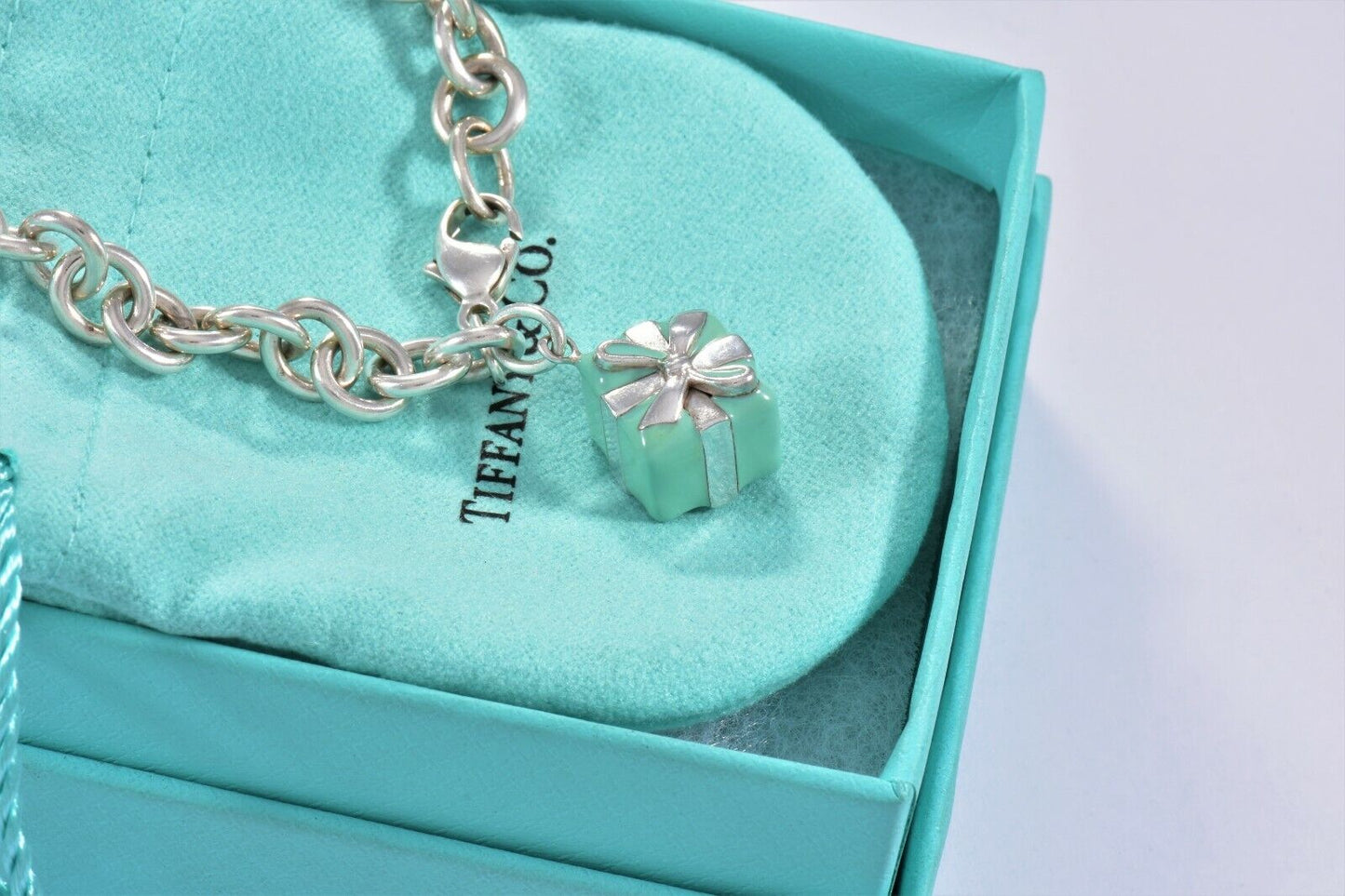 Tiffany & Co Sterling Silver Blue Enamel Gift Box Bracelet in Pouch Rare Present