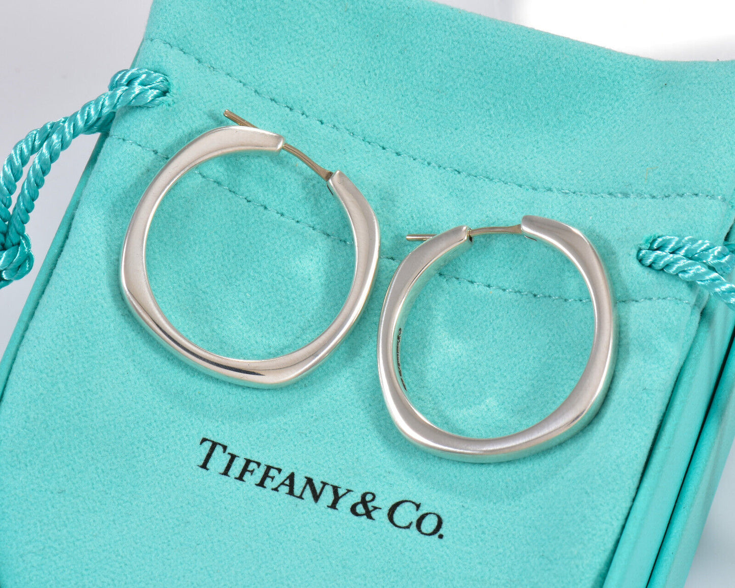 Tiffany & Co Silver Large 29mm Square Cushion Hoop Earrings in Box Pouch Ribbon