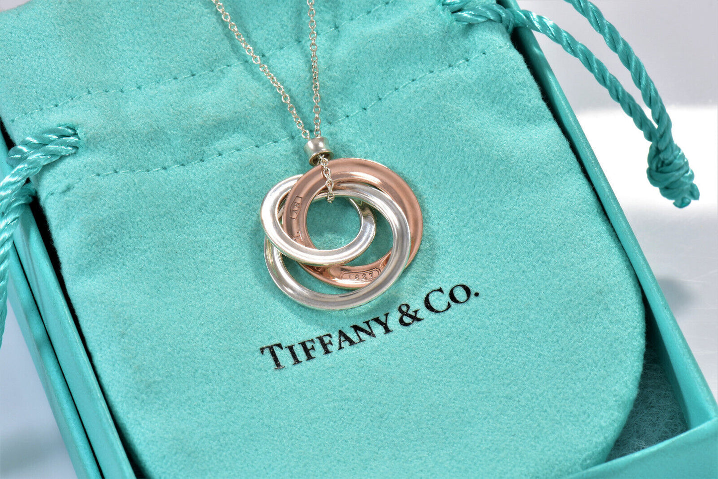 Tiffany & Co Silver Rubedo Metal 1837 Interlocking Circles Pendant Necklace Box