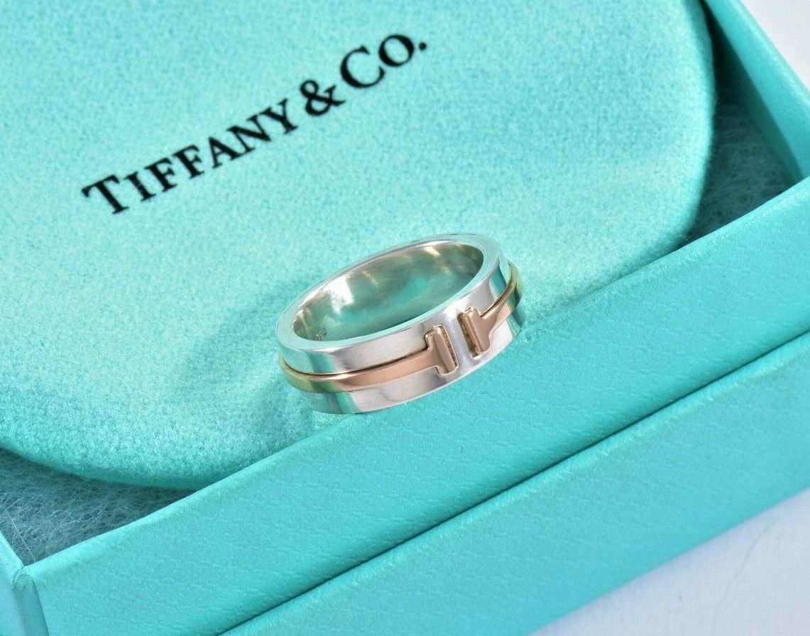 Tiffany & Co Silver 18k Rose Gold T Square 6mm Wide Band Ring Size 4 and Pouch