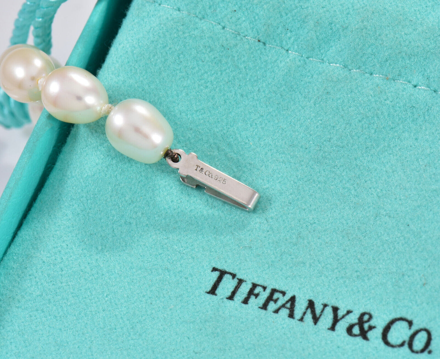 Tiffany & Co Silver Pearl Bead Strand Twist Bar Pendant 16.5" Necklace in Pouch