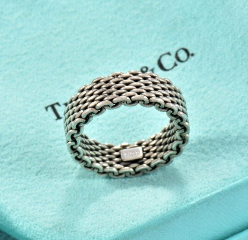 Tiffany & Co Somerset Sterling Silver Firm Mesh Ring Size 6.5 in Pouch Lovely