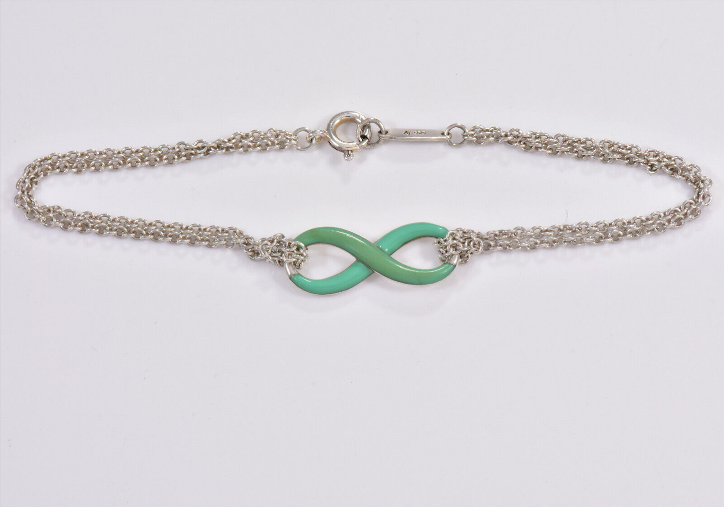 Tiffany & Co Silver Blue Enamel Infinity 7" Double Chain Charm Bracelet Rare