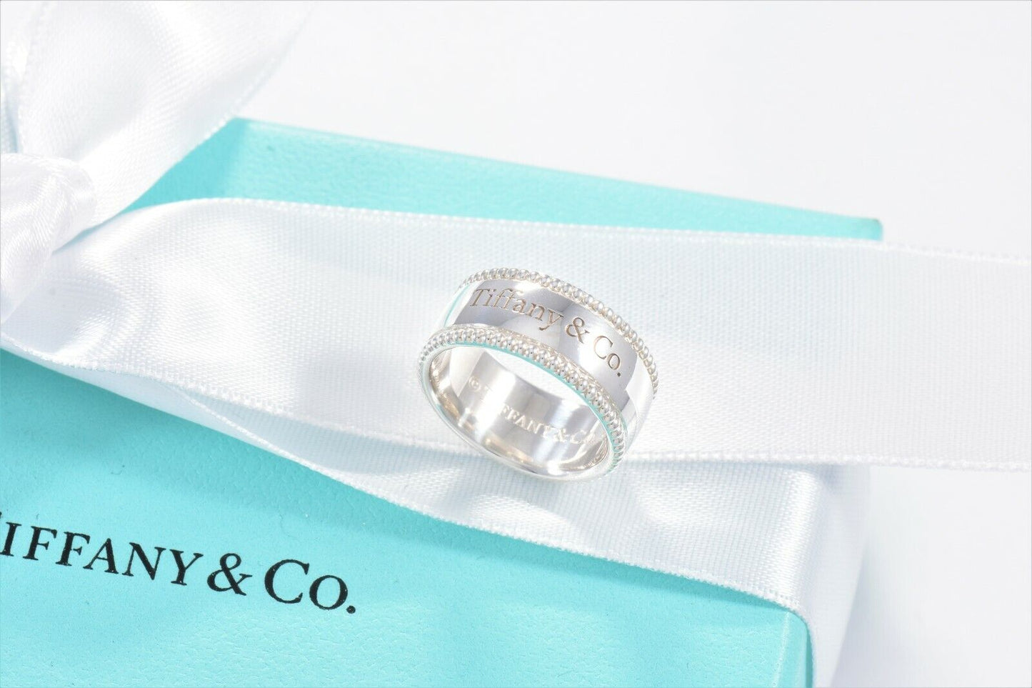 Tiffany & Co Sterling Silver Yours Bead Edge Band Ring Size 4.5 & Pouch Lovely