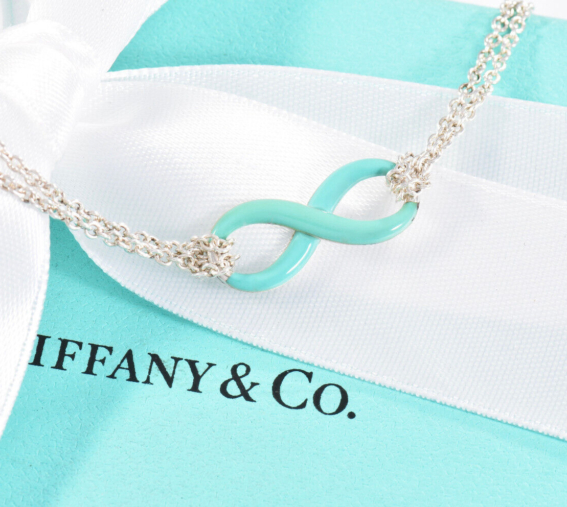 Tiffany & Co Silver Blue Enamel Infinity Pendant 18" Double Chain Necklace Boxed