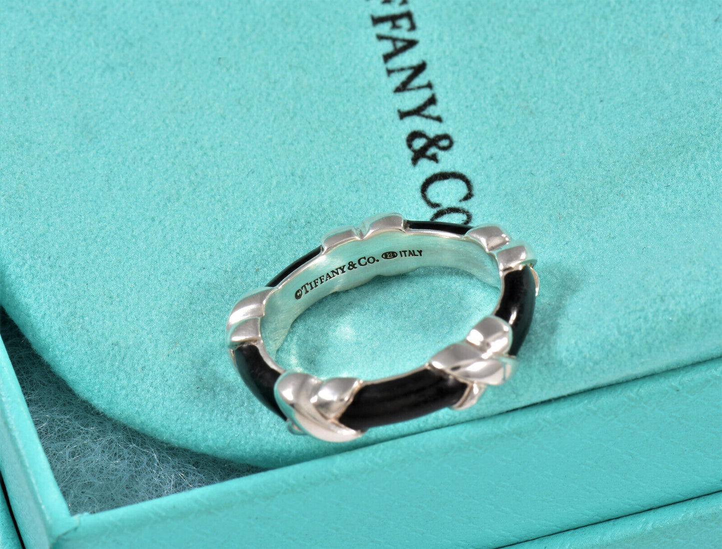 Tiffany & Co Silver Black Enamel Signature X Stack 4mm Ring Size 6 in Pouch Rare