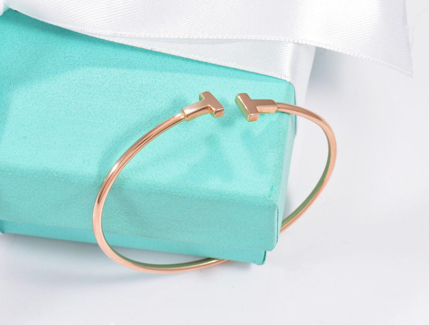 Tiffany & Co 18K Rose Gold Size Small 5.75" Narrow T Wire Bracelet in Box Pouch