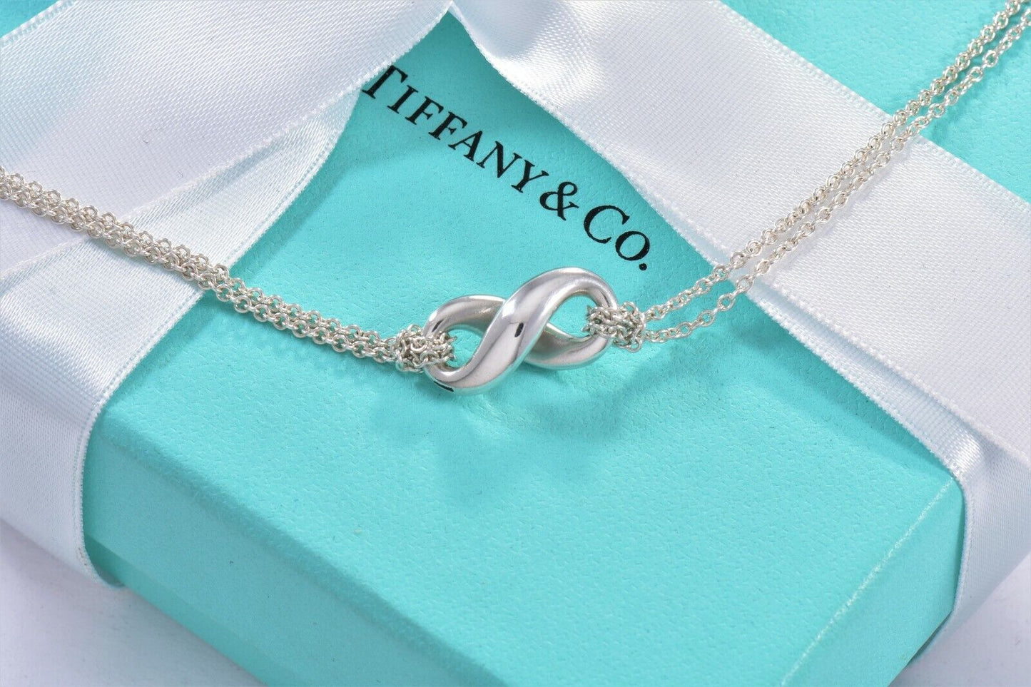 Tiffany & Co Sterling Silver Infinity Double Chain Necklace 16" in Pouch Classic