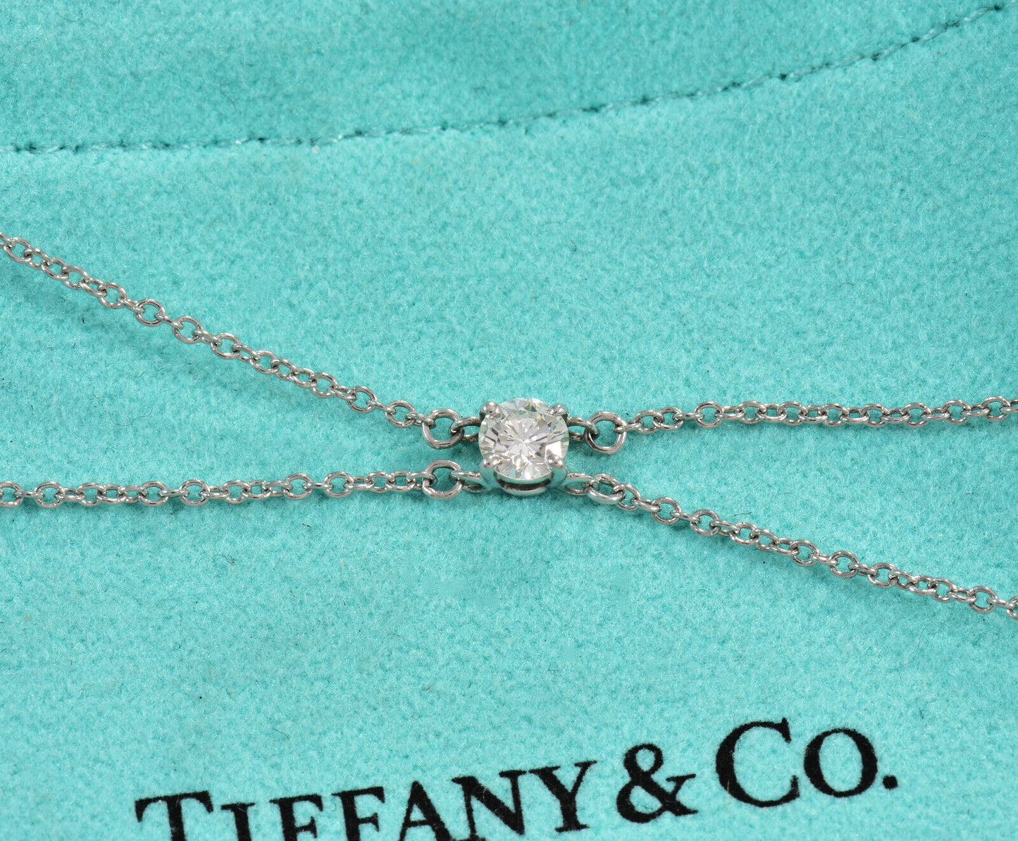 Tiffany & Co .17 ct Diamond Solitaire Platinum Double Chain Bracelet & Box Pouch