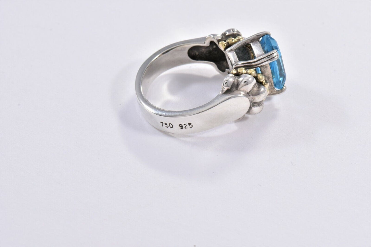 Vintage Lagos Blue Topaz Glacier Caviar Sterling Silver 18k Yellow Gold Ring