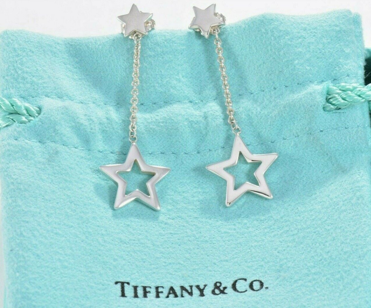 Tiffany & Co Sterling Silver Star Lariat Dangling Earrings in Box Pouch Rare