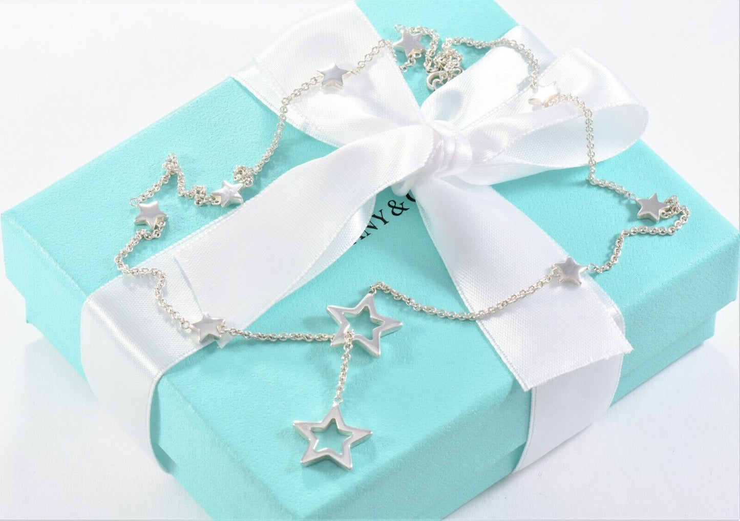 Tiffany & Co Silver Star Link Lariat Pendant Adjustable Necklace and Box Pouch