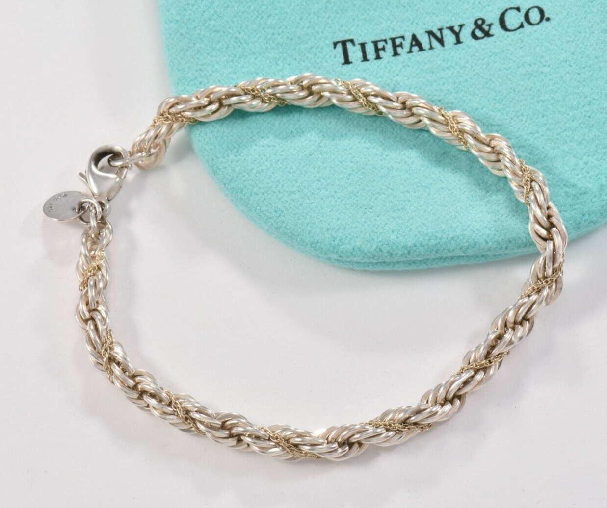 Vintage Tiffany & Co Silver 18K Yellow Gold Rope Chain 7.25" Bracelet in Pouch