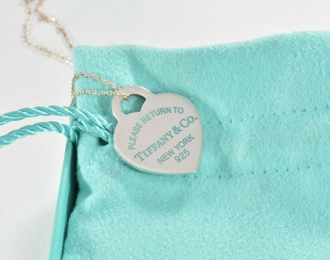 Please Return To Tiffany & Co Silver Heart Blue Enamel Letters 16" Necklace Rare