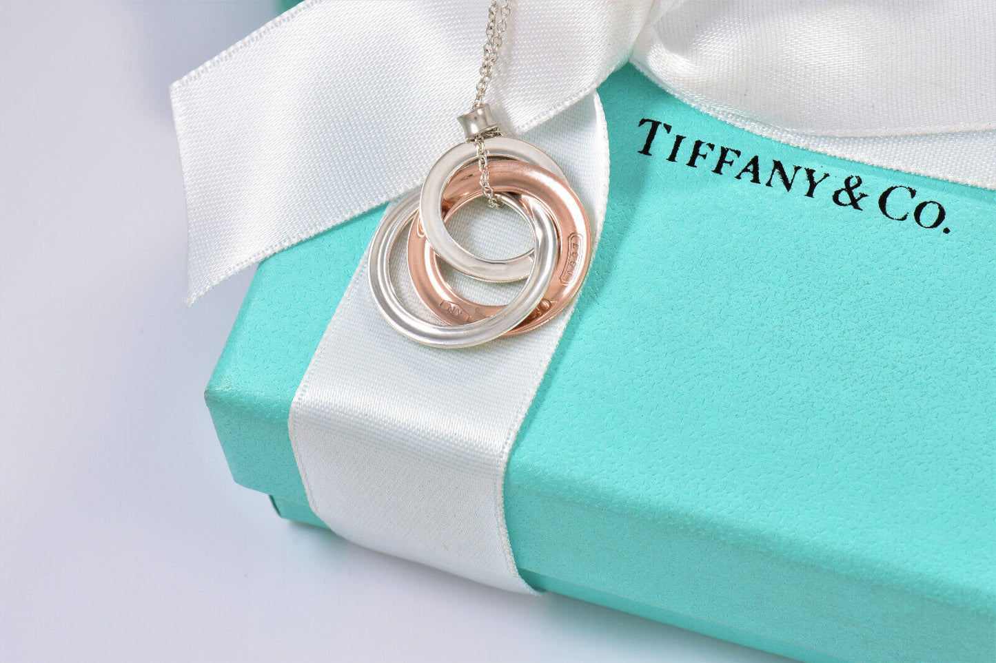 Tiffany & Co Silver Rubedo Metal 1837 Interlocking Circles Pendant Necklace Box