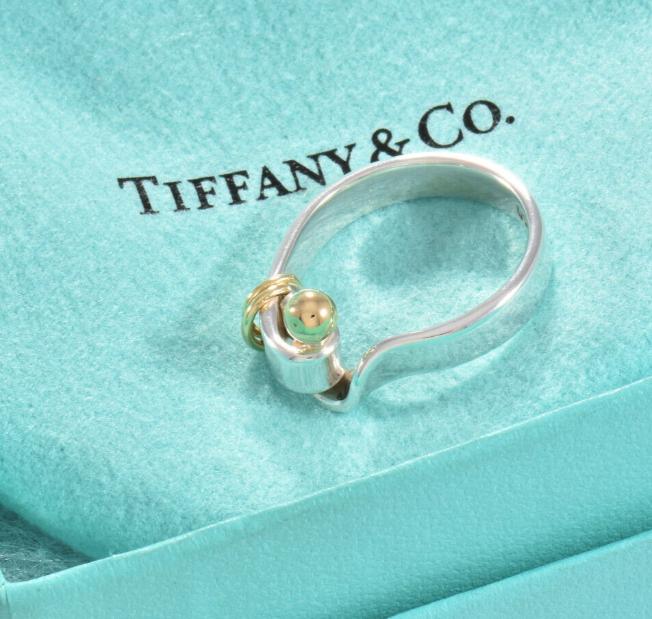 Vintage Tiffany & Co 18K Yellow Gold Silver Hook Eye Ball Ring Size 7.5 in Pouch