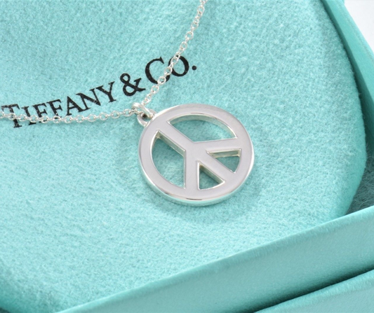 Tiffany & Co Sterling Silver Peace Love Charm Pendant 17.75" Necklace Box Pouch