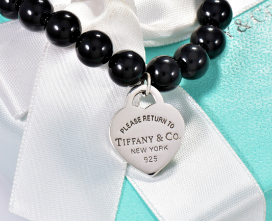 Please Return To Tiffany & Co Silver Onyx Bead Heart Tag Charm Bracelet 7.45"