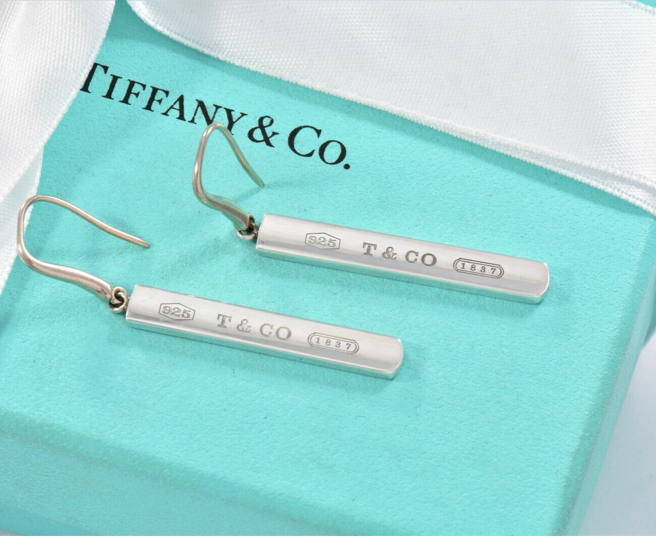 Tiffany & Co Sterling Silver 1837 Bar Dangling Hook Earrings & Pouch Dangle Rare