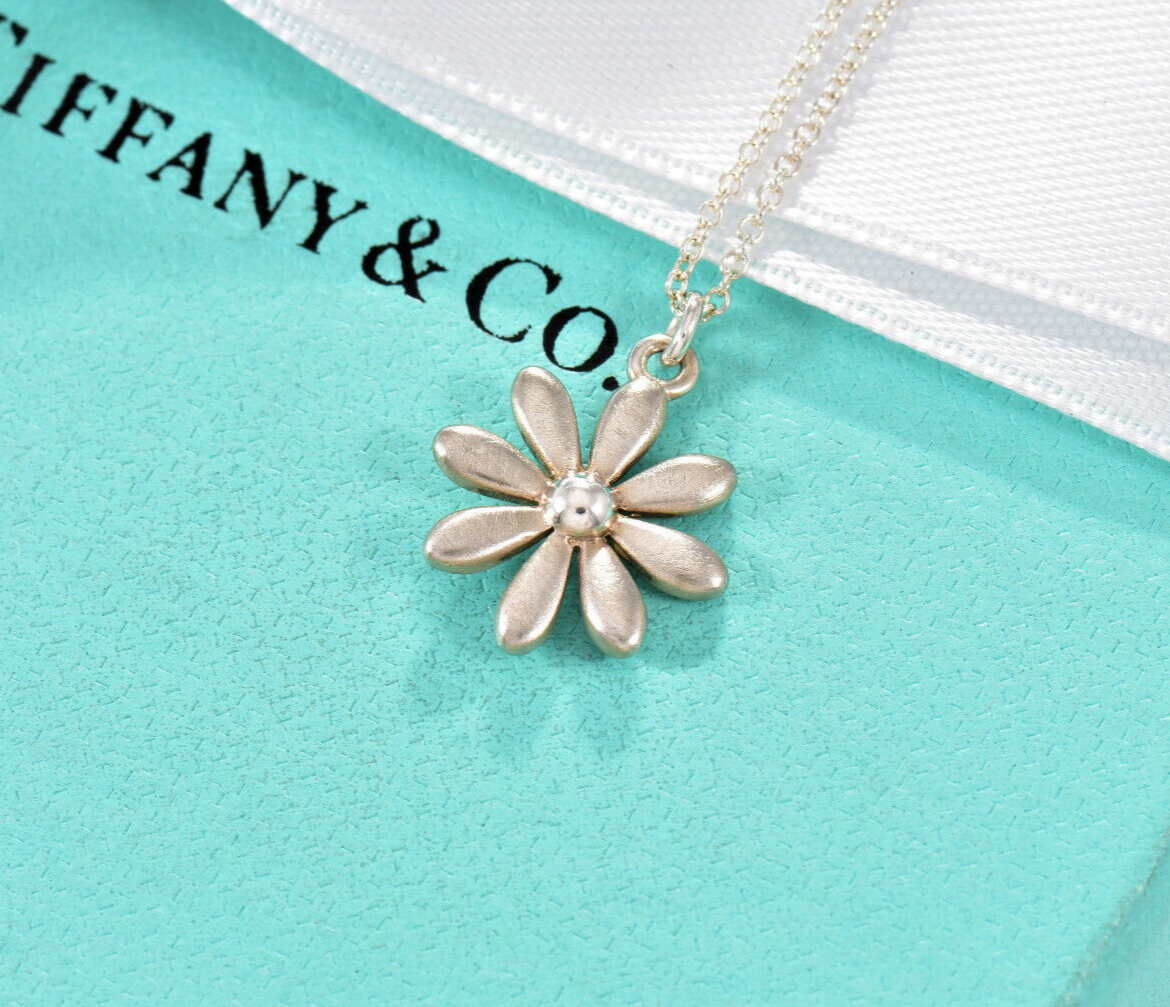 Tiffany & Co Brushed Silver Daisy Flower Pendant Necklace in Pouch Rare Matte