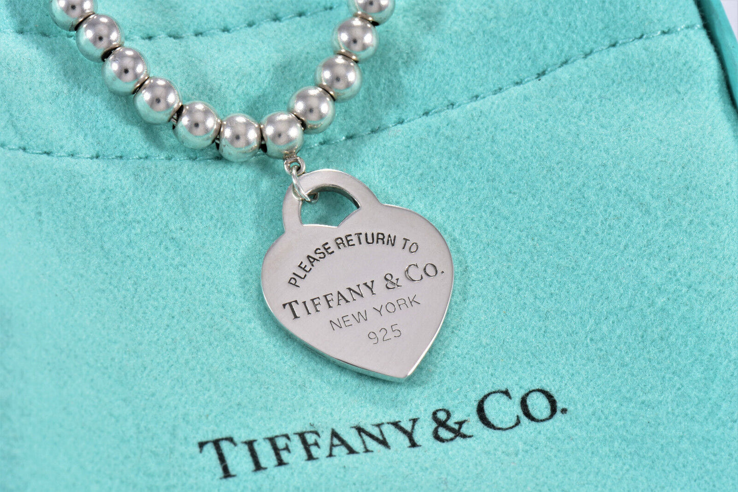 Please Return To Tiffany & Co Silver Heart Pendant 16" Beaded Necklace in Pouch