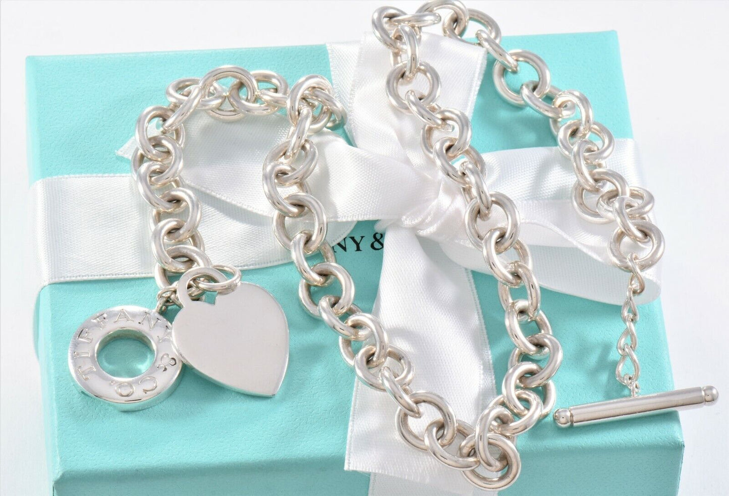 Tiffany & Co Silver Blank Heart Tag Engravable Toggle Chain Necklace 16.5" Pouch