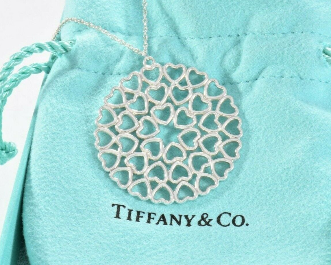 Tiffany & Co Silver Paloma Picasso Heart Medallion Charm 18.25" Necklace & Pouch