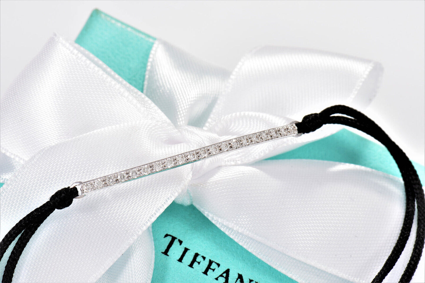 Tiffany & Co Diamond 18k White Gold Metro Bar Silk Cord 6” - 7.7” Bracelet Rare