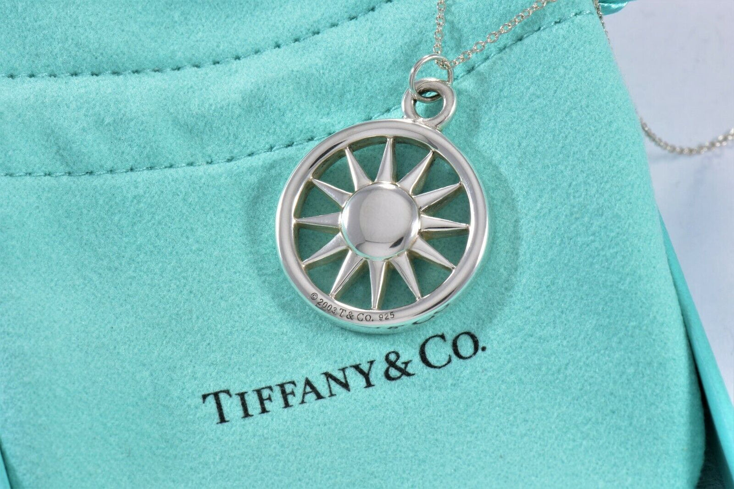 Tiffany & Co Sterling Silver Sun Pendant XL 25" Chain Necklace Rare Summer Art