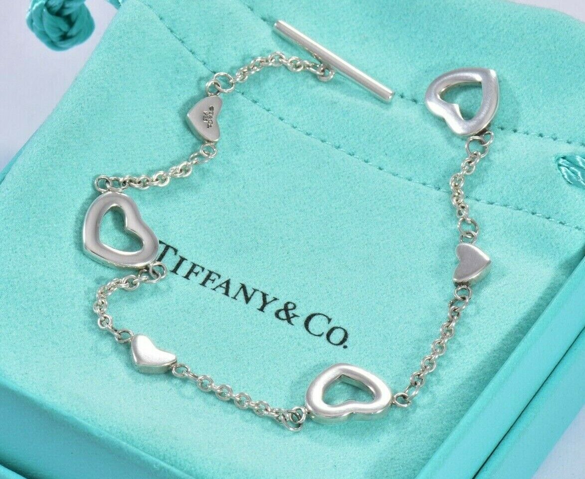 Tiffany & Co Silver Heart Lariat Toggle Chain 7" Bracelet & Pouch Rare Valentine