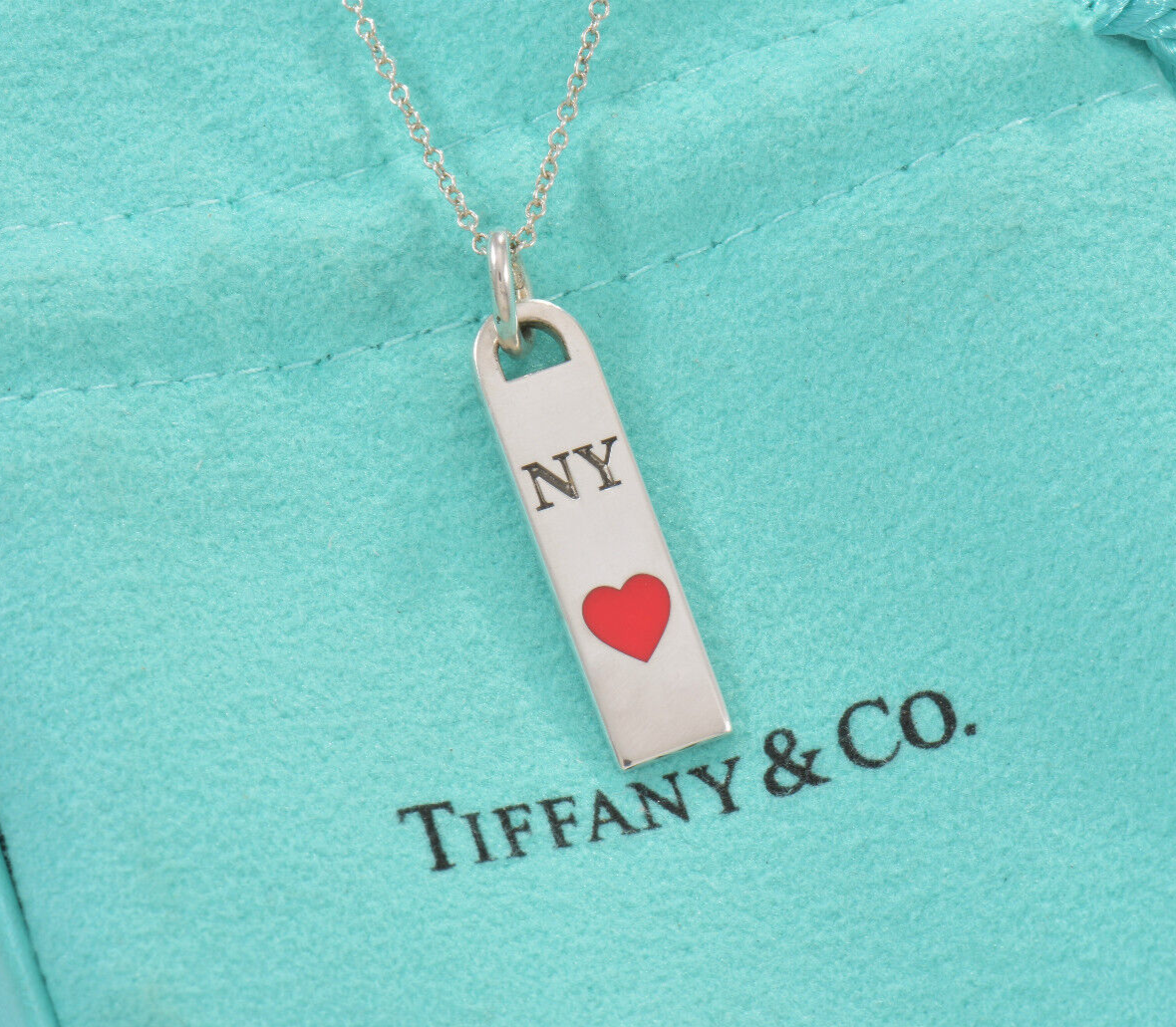 Tiffany & Co Silver Red Enamel NY Heart Bar Pendant 18" Necklace in Pouch Rare