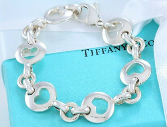 Tiffany & Co Sterling Silver Stencil Heart Chain Link Love Bracelet 7.3" in Box