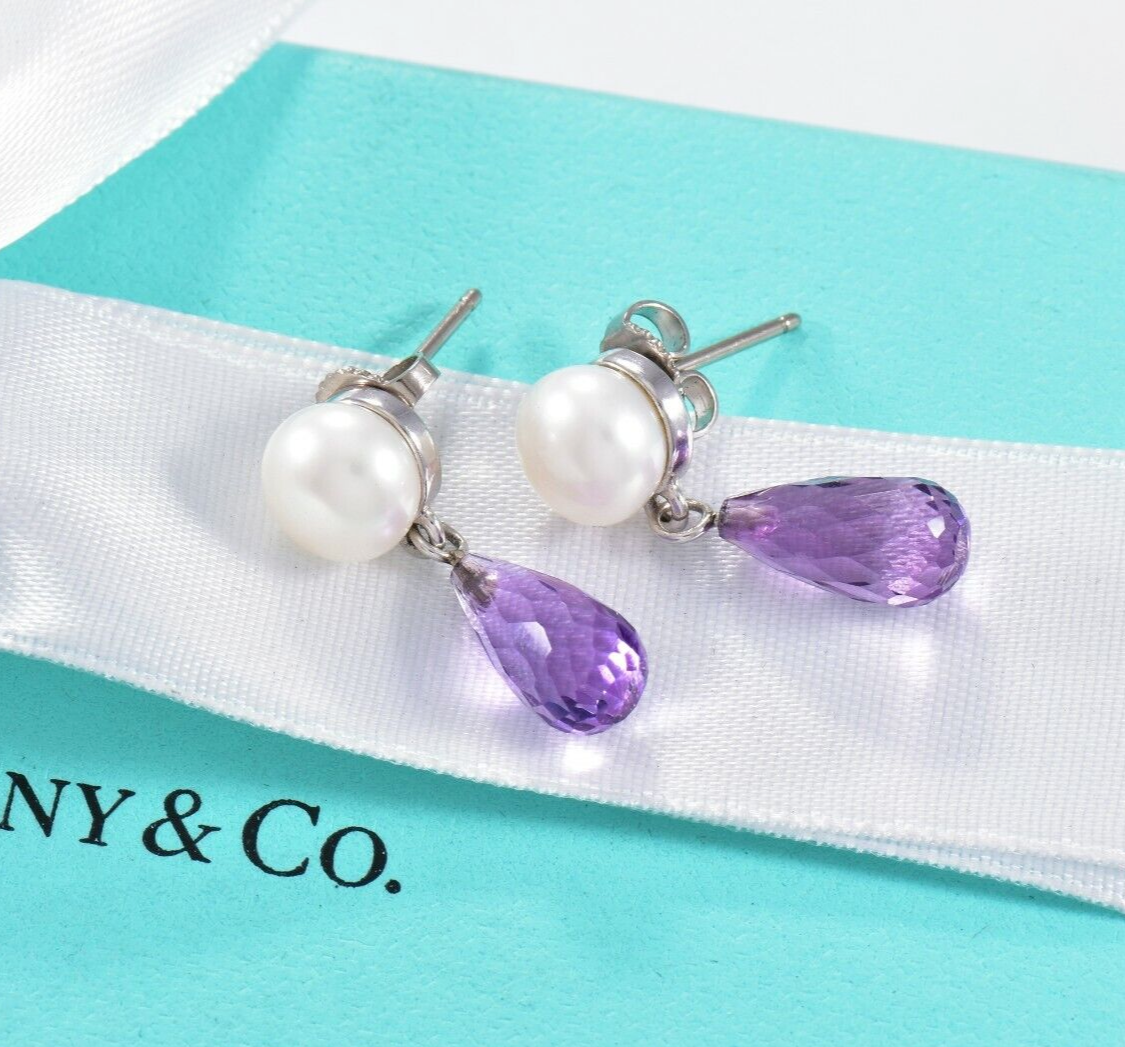 Tiffany & Co Amethyst 18K White Gold Pearl Drop Earrings Box Pouch Rare Dangling