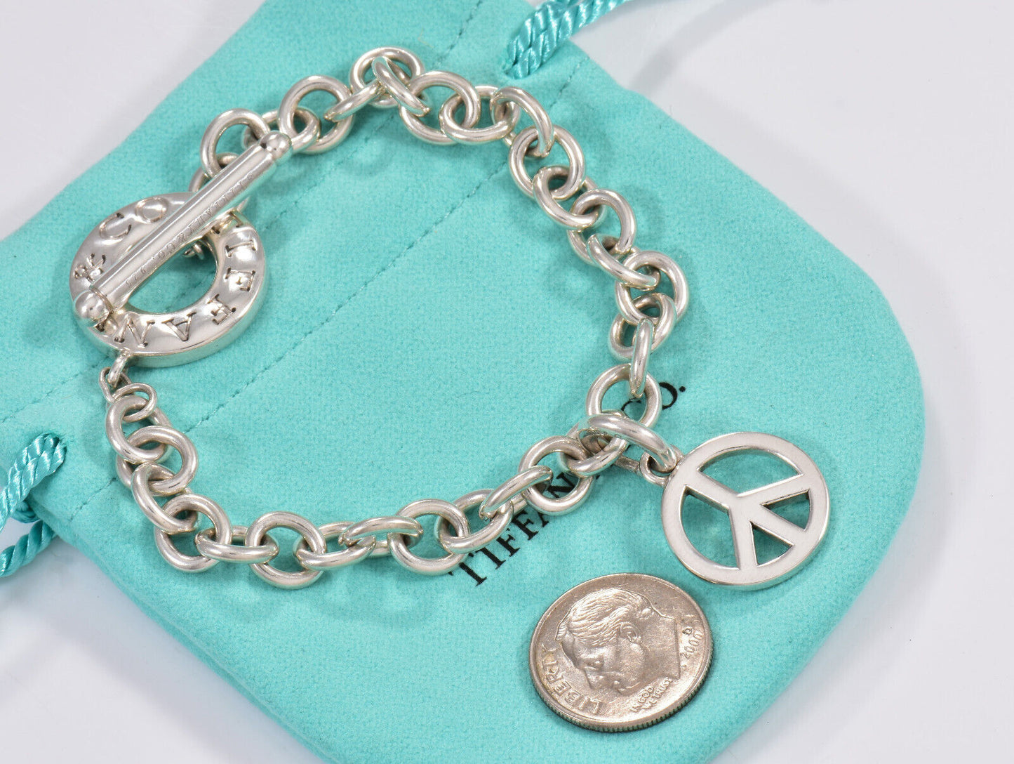 Tiffany & Co Silver Peace Sign Charm Toggle Link 8" Chain Bracelet in Pouch Rare