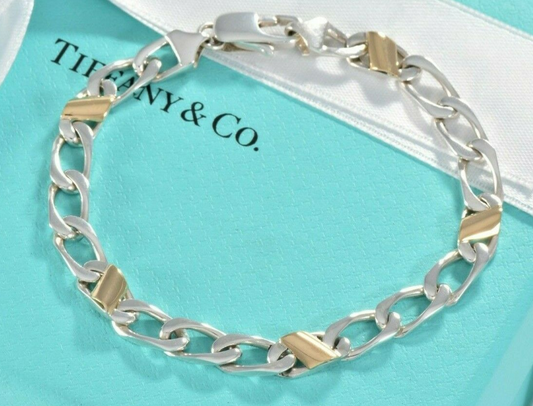 Tiffany & Co Sterling Silver 18K Gold Figaro Bracelet 8" & Pouch Cuban Link