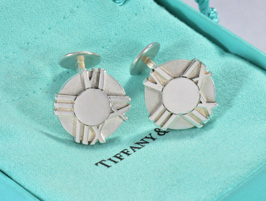 Tiffany & Co Silver Atlas Roman Numeral Round Cufflinks & Pouch Men's Suit Pilot