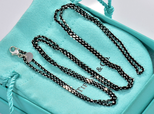 Tiffany & Co Sterling Silver Back Enamel Sparkle Chain Link Necklace & Box Pouch