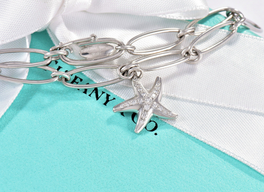 Tiffany & Co Elsa Peretti Diamond Platinum Starfish Charm 7.3" Bracelet in Box