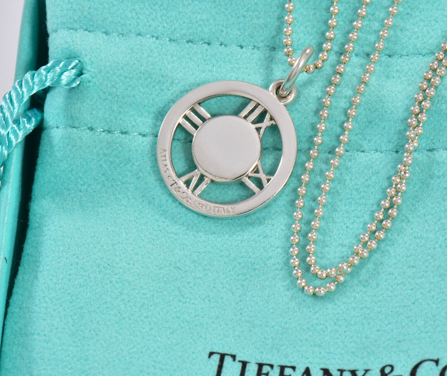 Tiffany & Co Diamond Silver Atlas Numeral Circle Pendant 16" Bead Necklace Boxed