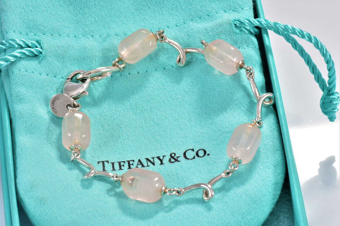 Tiffany & Co Silver Pink Rose Quartz Bead 7.25" Bracelet Twist Link & Pouch Rare