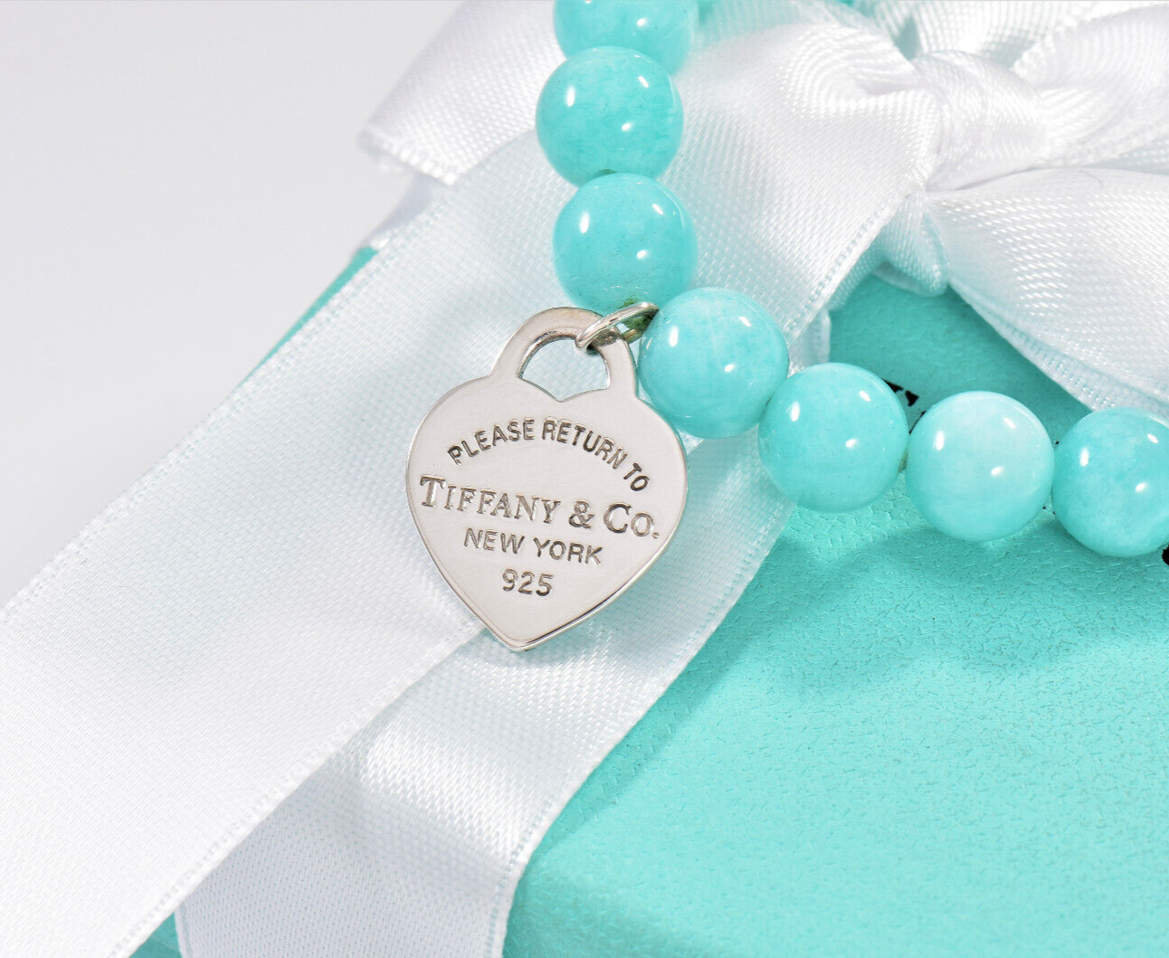 Please Return Tiffany & Co Blue Amazonite Silver Heart 8mm Bead 7.25" Bracelet