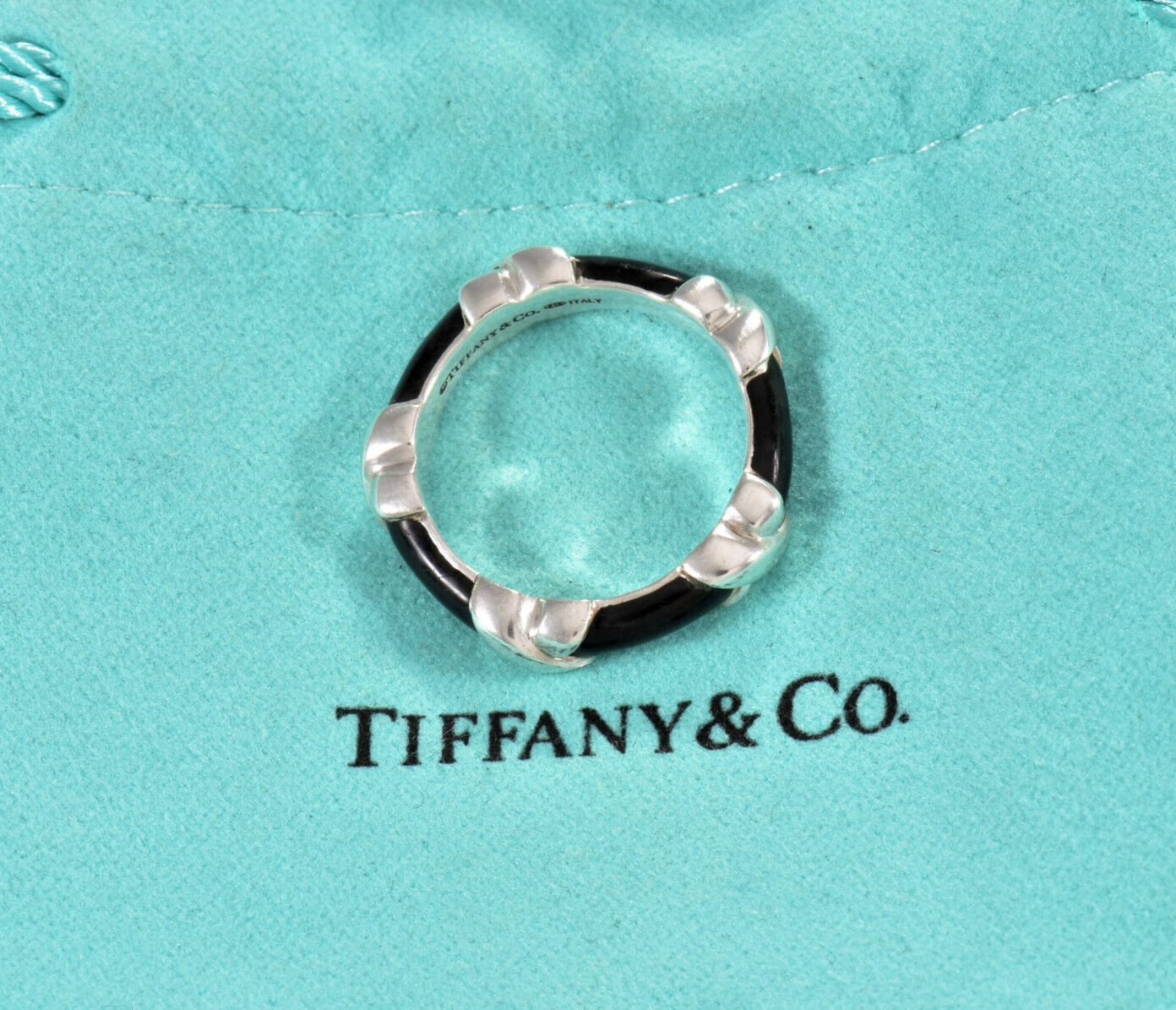 Tiffany & Co Silver Black Enamel Signature X Stack 4mm Ring Size 6 in Pouch Rare