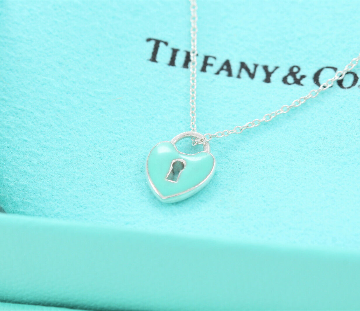 Tiffany & Co Silver Blue Enamel Small Heart Lock 16.5" Necklace in Pouch Keyhole