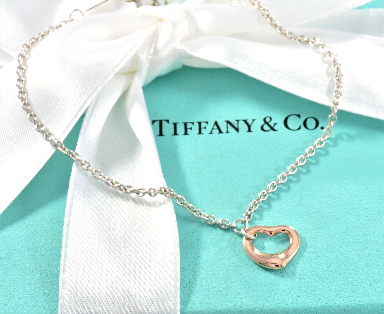 Tiffany & Co Rose Gold Silver Elsa Peretti Mini Open Heart 7.5" Bracelet & Pouch