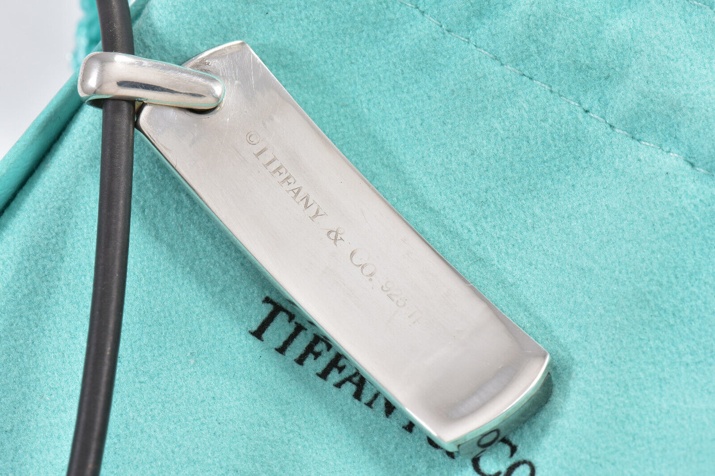 Tiffany & Co Silver Titanium 1837 Bar Rubber Surfer DogTag Necklace & Pouch Rare