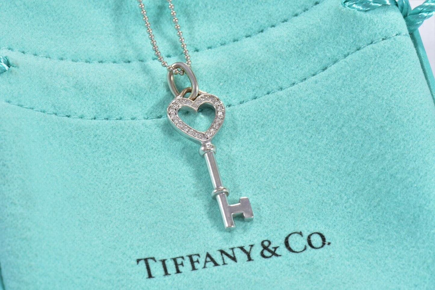 Tiffany & Co Diamond 18K White Gold Heart Key Pendant Bead Chain Necklace in Box