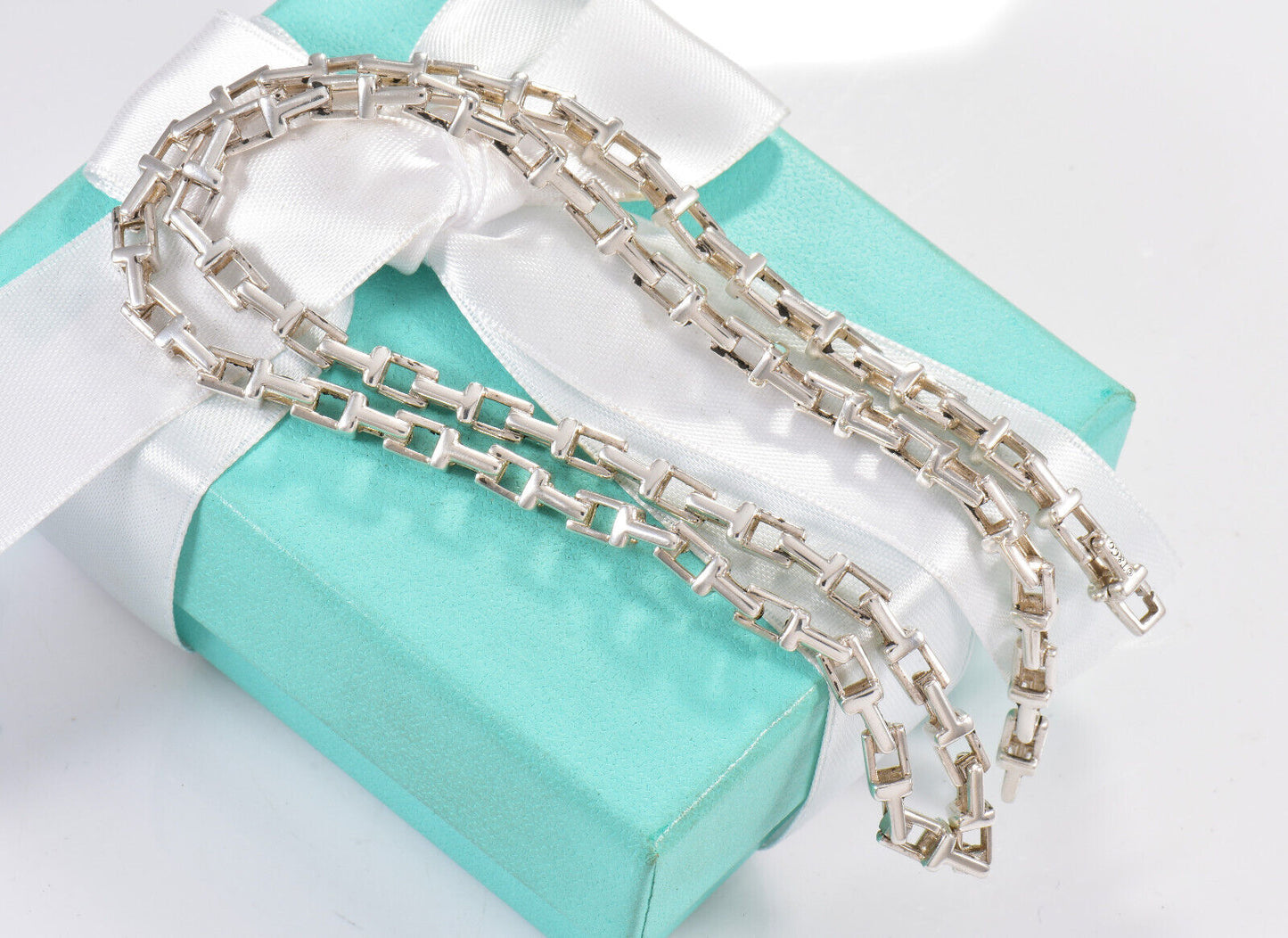 Tiffany & Co Silver Narrow Small T Square Link 20" Necklace in Box Pouch Rare