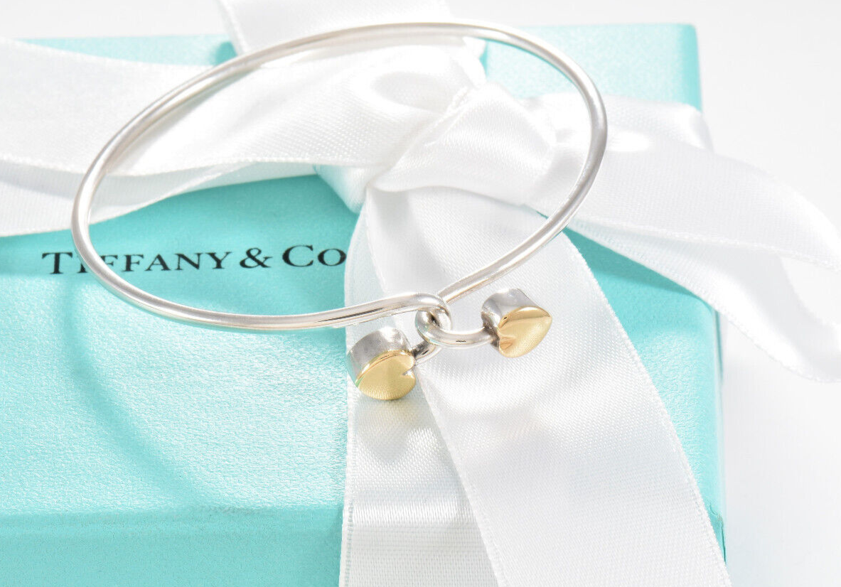 Tiffany & Co 18k Gold Silver Double Heart Hook Bracelet in Box Pouch Bangle Rare