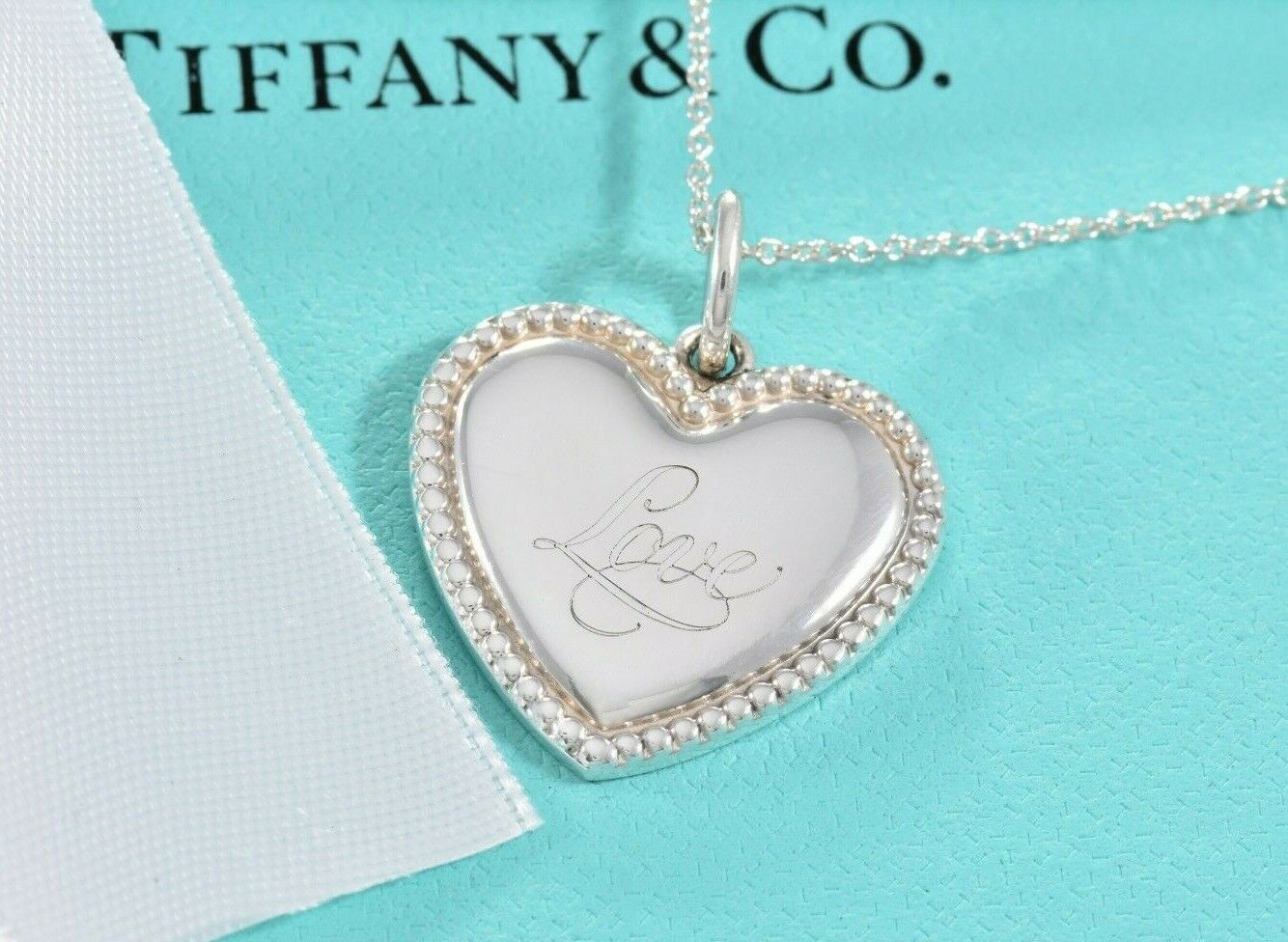 Tiffany & Co Silver Heart Love Signature Bead Pendant Necklace in Box Pouch Rare